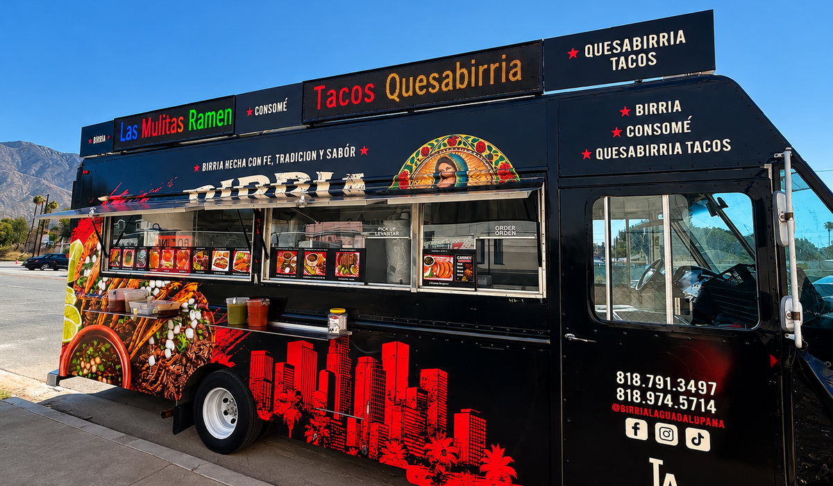 Birria La Guadalupana food truck — full side branding